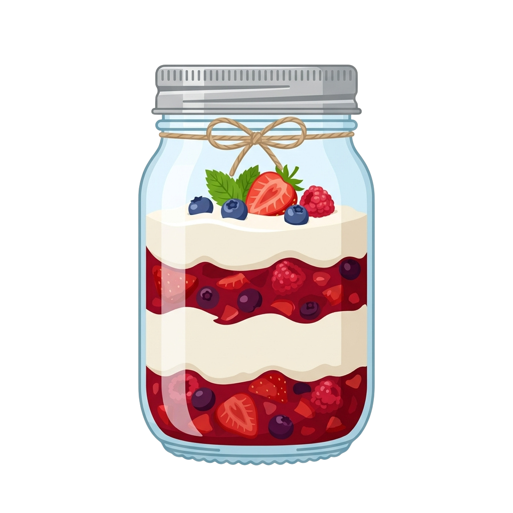 A jar filled with layered berry parfait featuring cream, berries, and fresh fruit garnish on top.