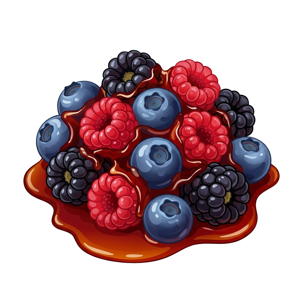 Illustration of a colorful mix of blueberries, raspberries, and blackberries in a bowl