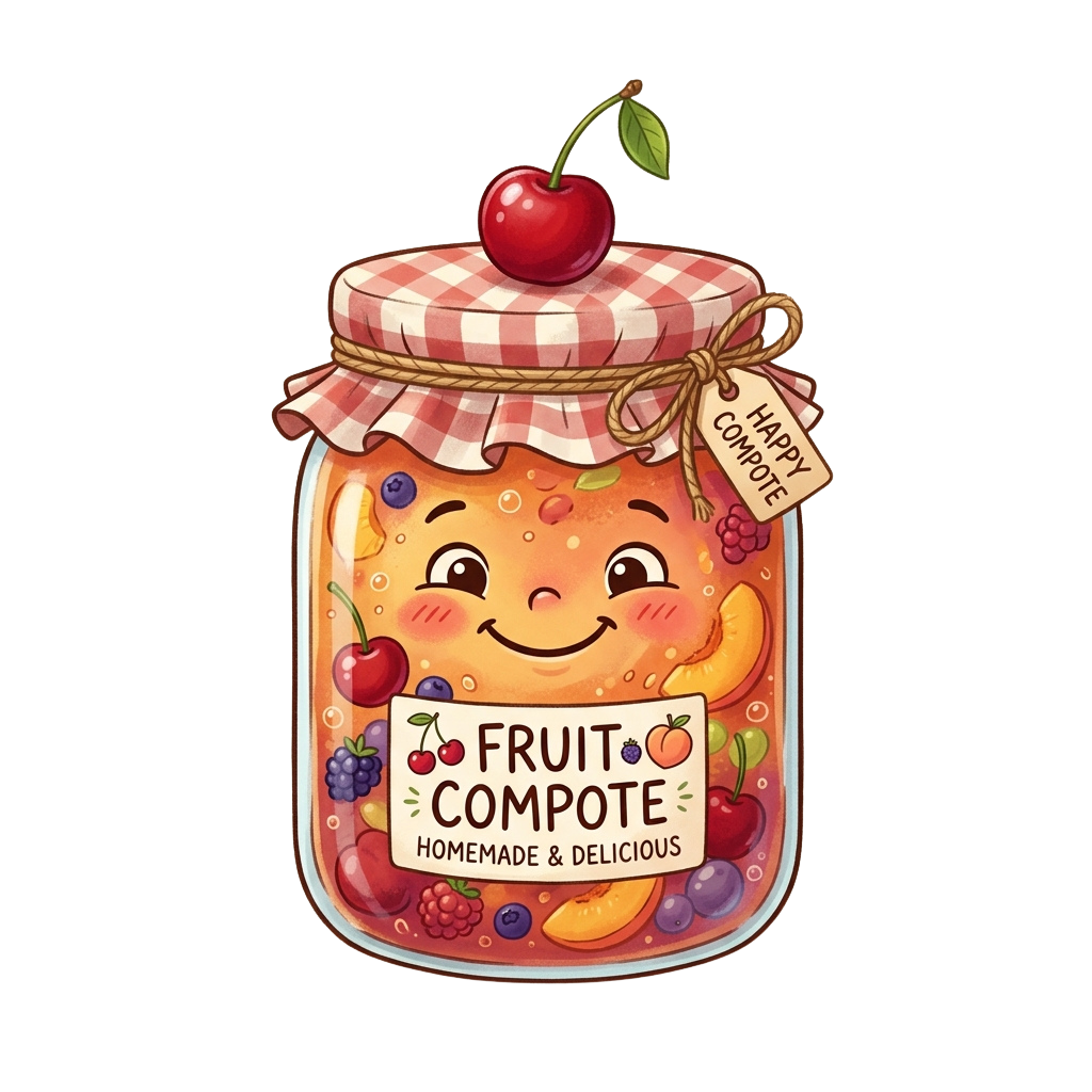 Smiling jar of colorful homemade fruit compote with a checkered cloth lid and a cherry on top