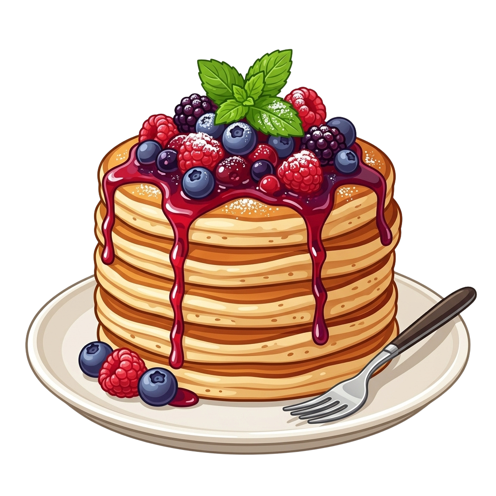 Stack of golden pancakes topped with mixed berries and syrup, drizzled with sauce, on a plate with a fork