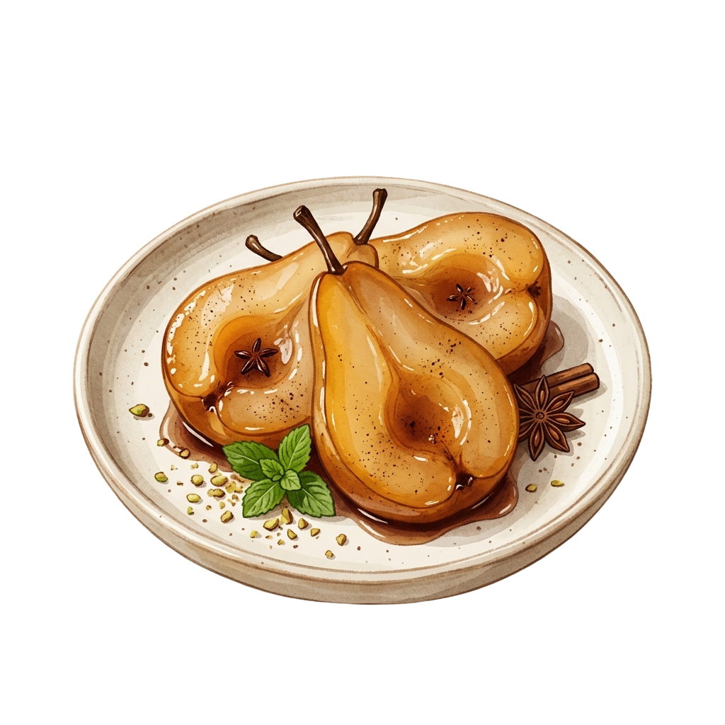 Three poached pears with star anise and mint garnish on a white plate