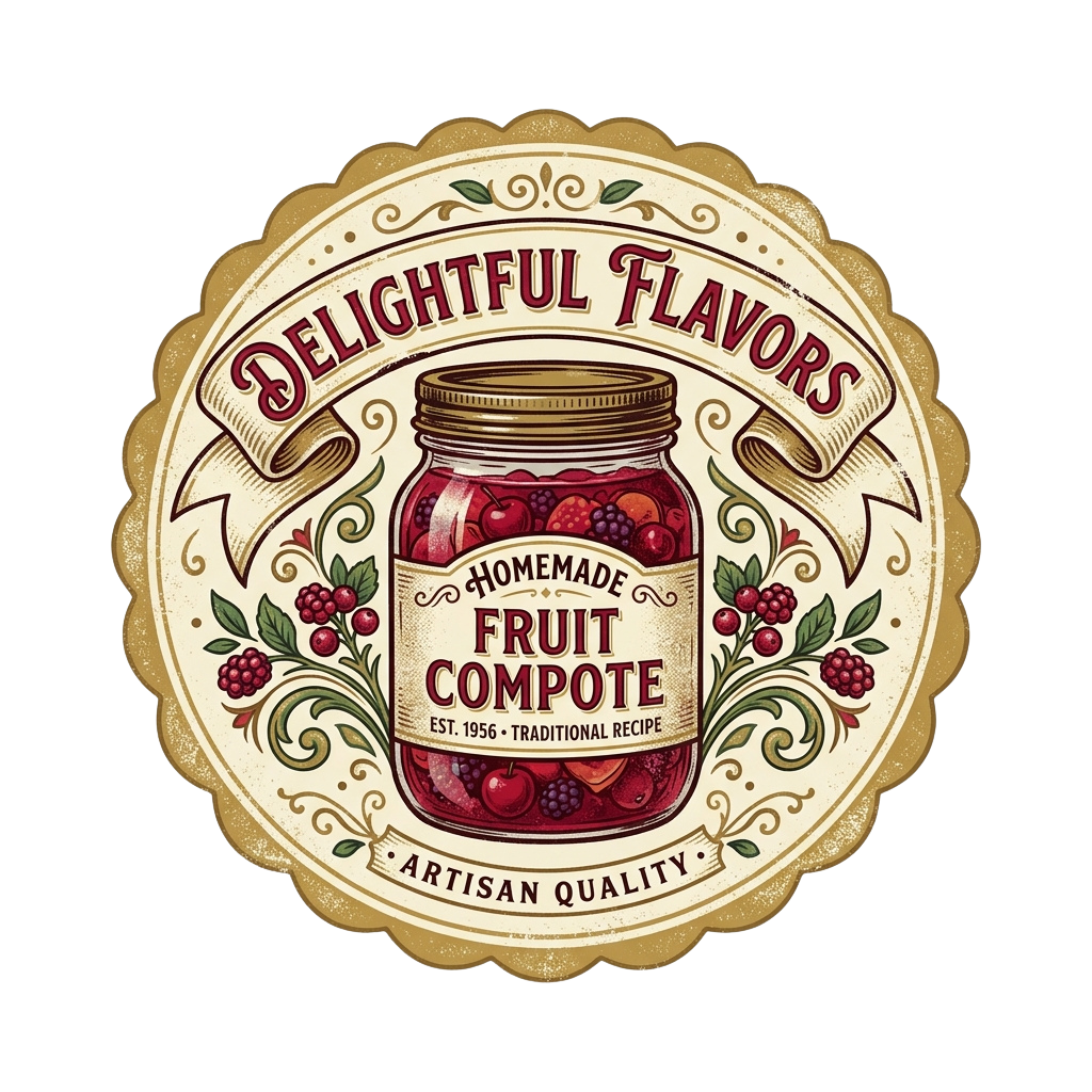 Illustration of a jar of homemade fruit compote with decorative vintage label and banner reading Delightful Flavors