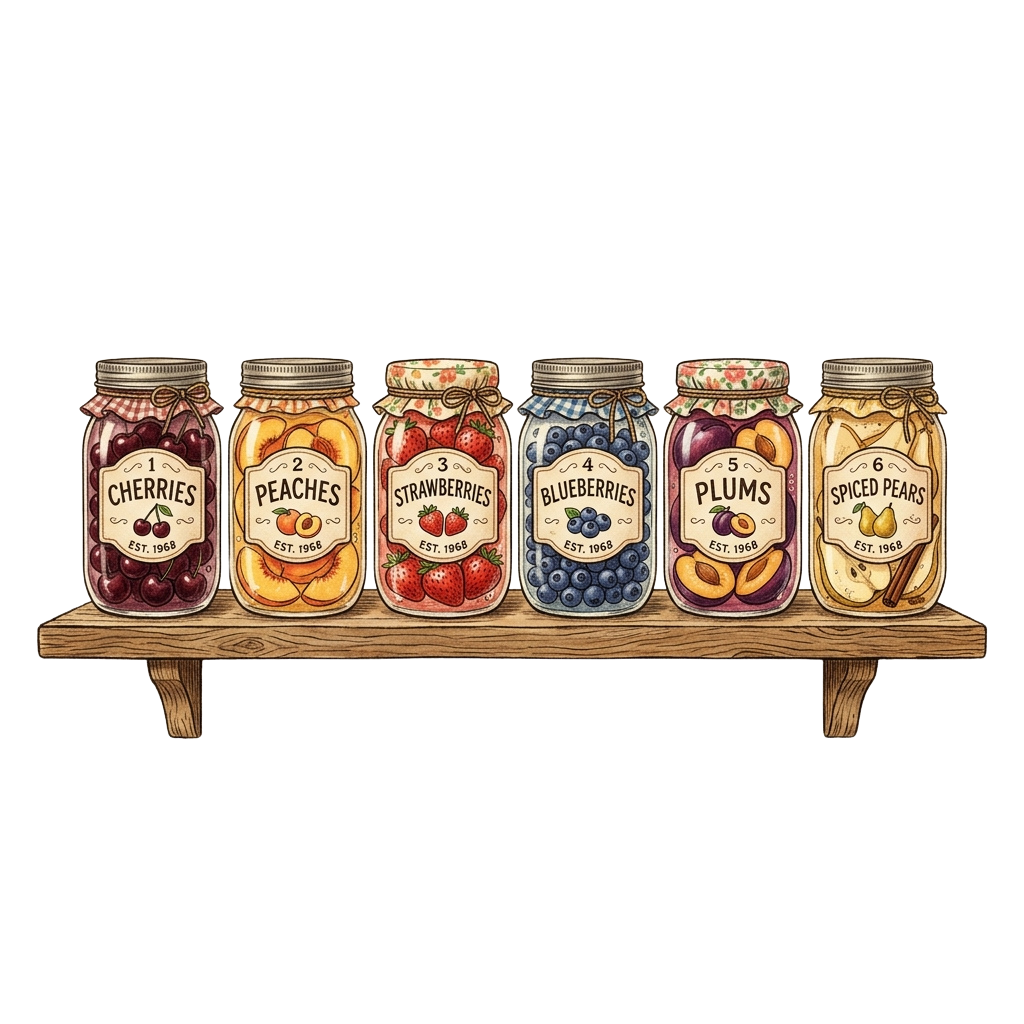 Six mason jars labeled cherries, peaches, strawberries, blueberries, plums, and spiced pears on a wooden shelf