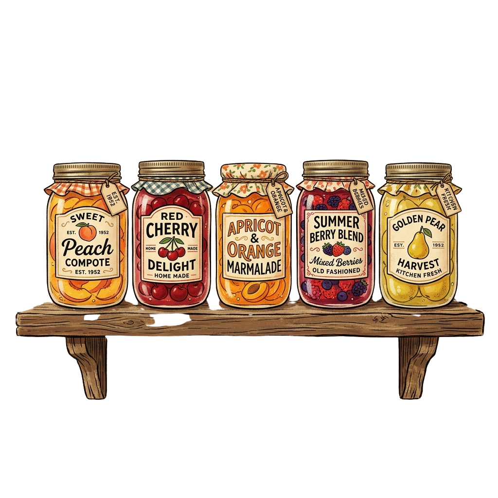 Five glass jars of fruit preserves and jams on a wooden shelf, each labeled with different fruit names.