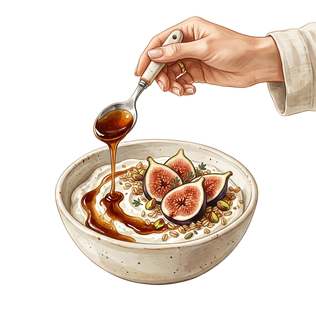 A hand pouring honey over a bowl of yogurt topped with figs and chopped nuts