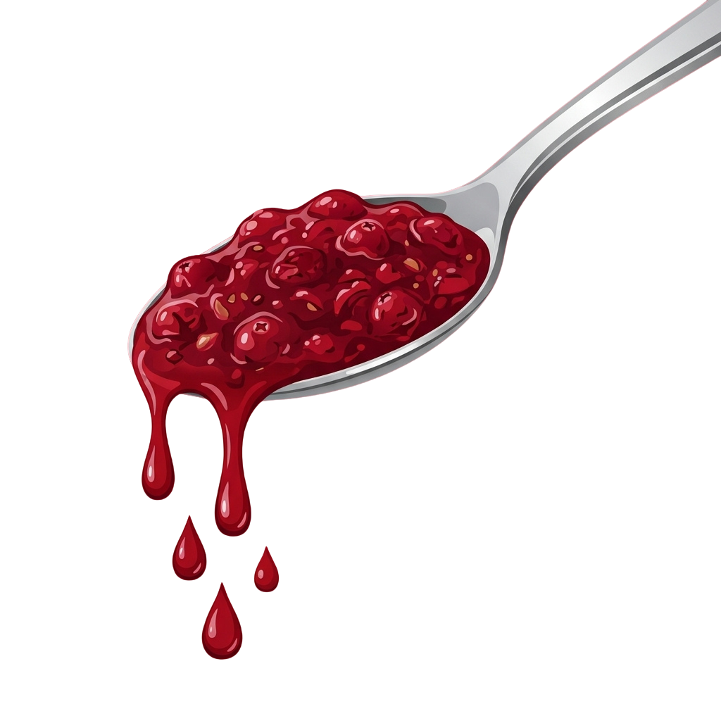A spoon filled with red jam dripping three droplets of thick red liquid against a black background