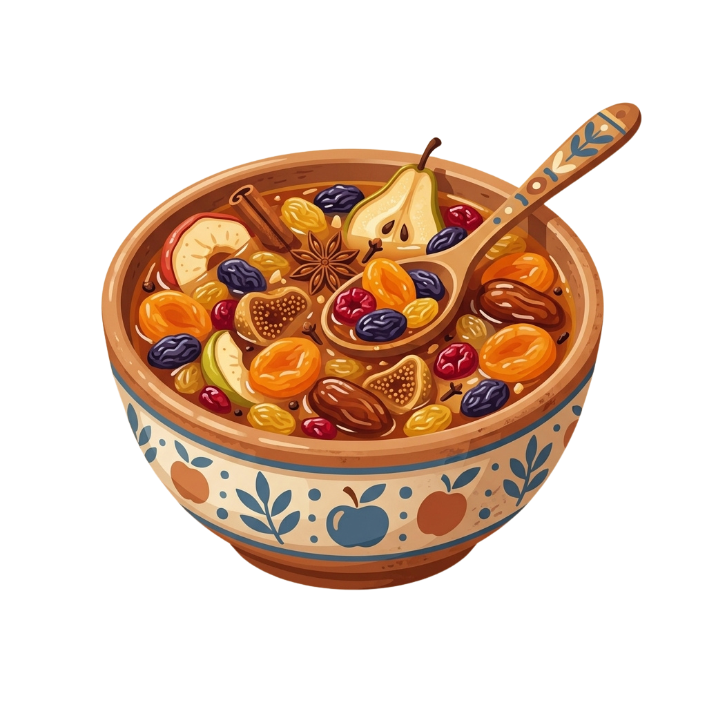 A decorative ceramic bowl filled with assorted dried and fresh fruits, including pears, apricots, and nuts, with a wooden spoon resting inside.