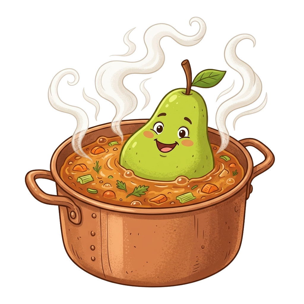 A smiling cartoon pear floating in a pot of steaming soup with visible ingredients like carrots and herbs