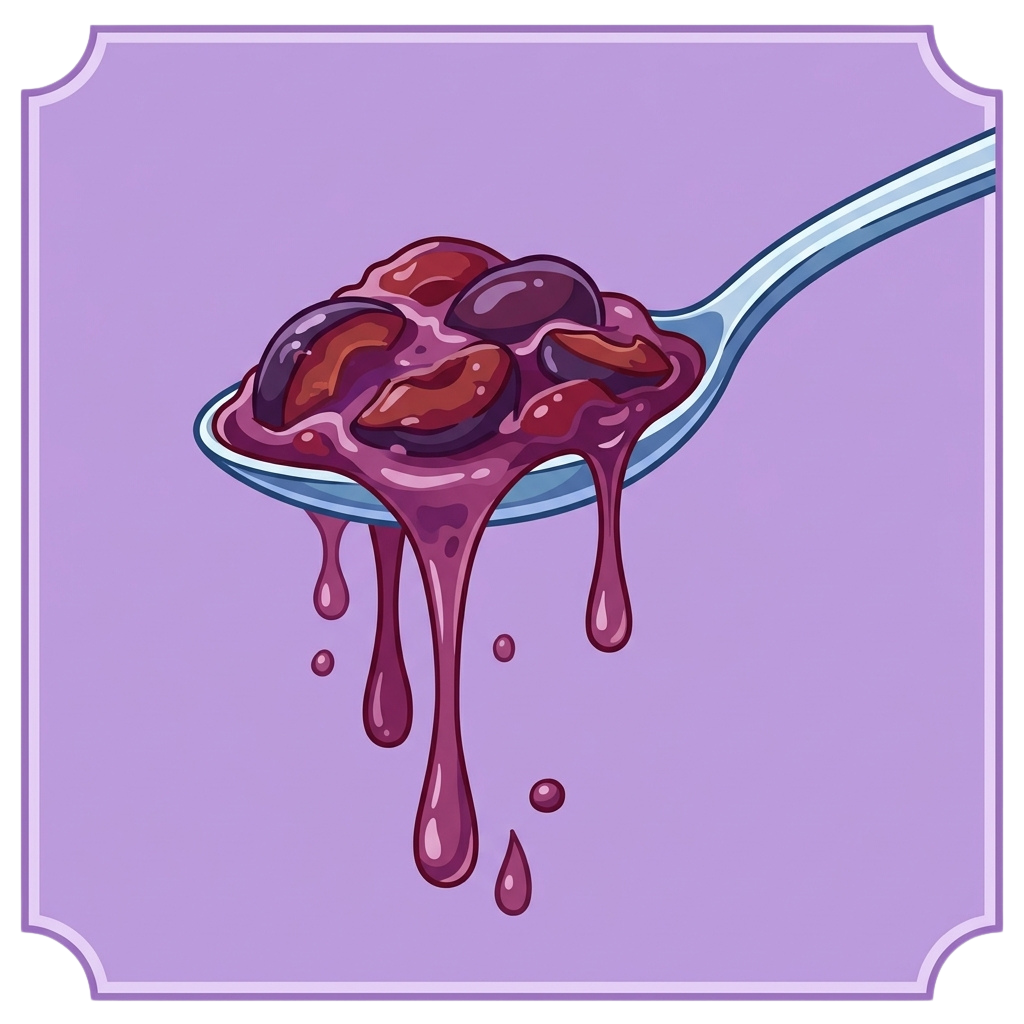 A spoonful of thick, dark red berry jam dripping down with chunks of fruit on a light blue spoon.