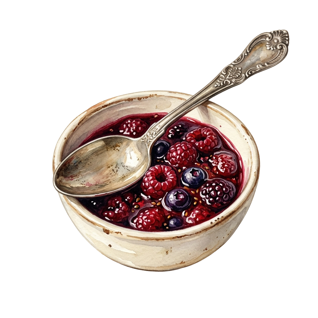 A ceramic bowl filled with fresh raspberries and blackberries in a dark syrup, with a silver spoon resting inside