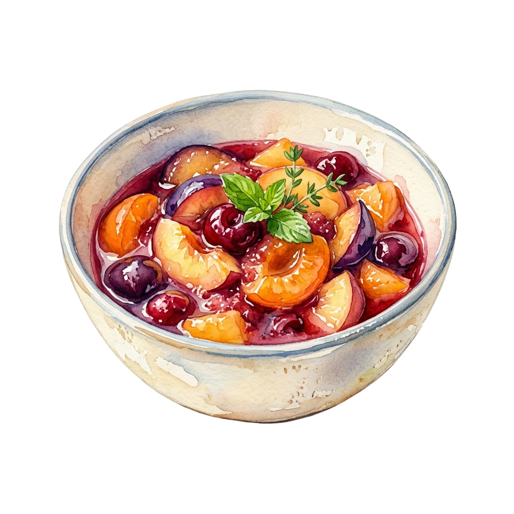 A glass bowl filled with fruit compote featuring peaches, plums, and berries in a thick syrup, topped with a creamy base and garnished with fresh herbs