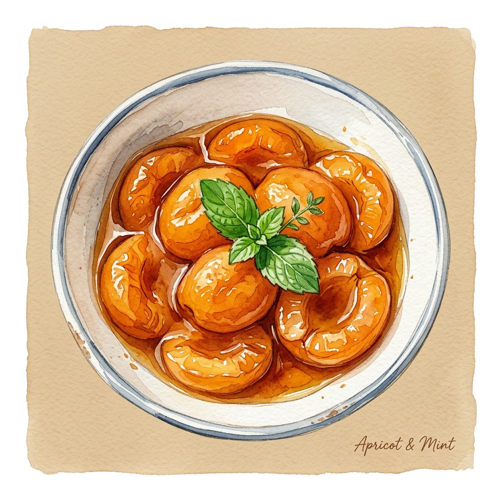 Glass jar filled with glazed apricots and a sprig of fresh mint