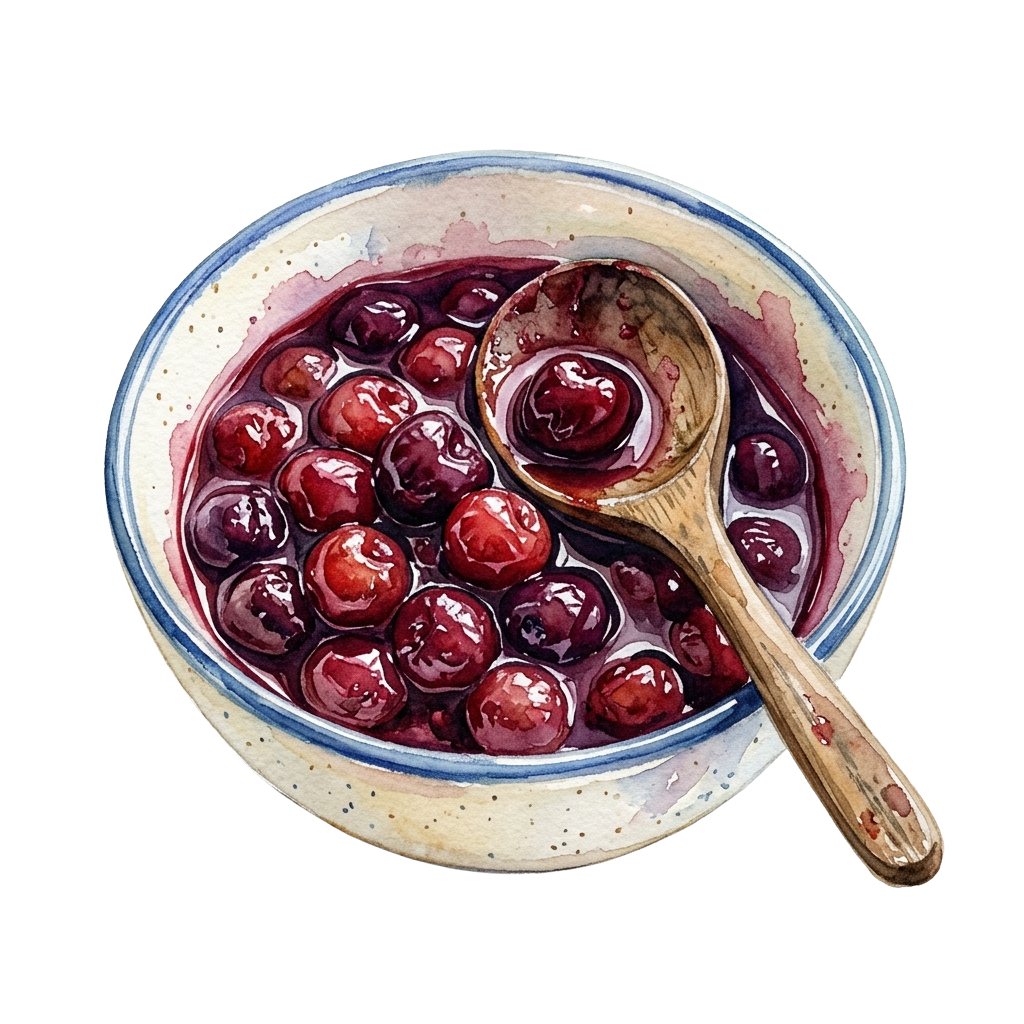 A white bowl filled with cherry yogurt and whole cherries, accompanied by a wooden spoon.