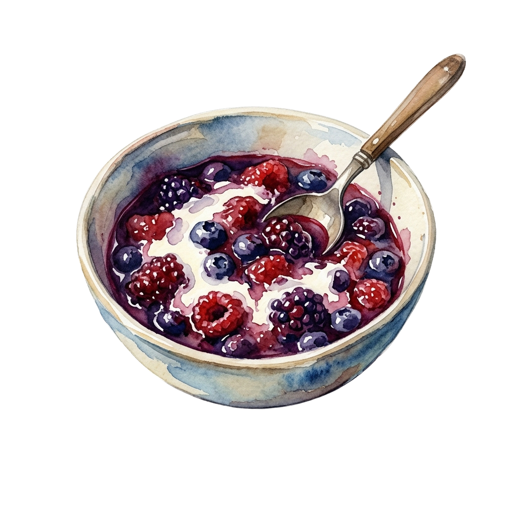A watercolor-style bowl of yogurt topped with mixed berries and a spoon resting inside.