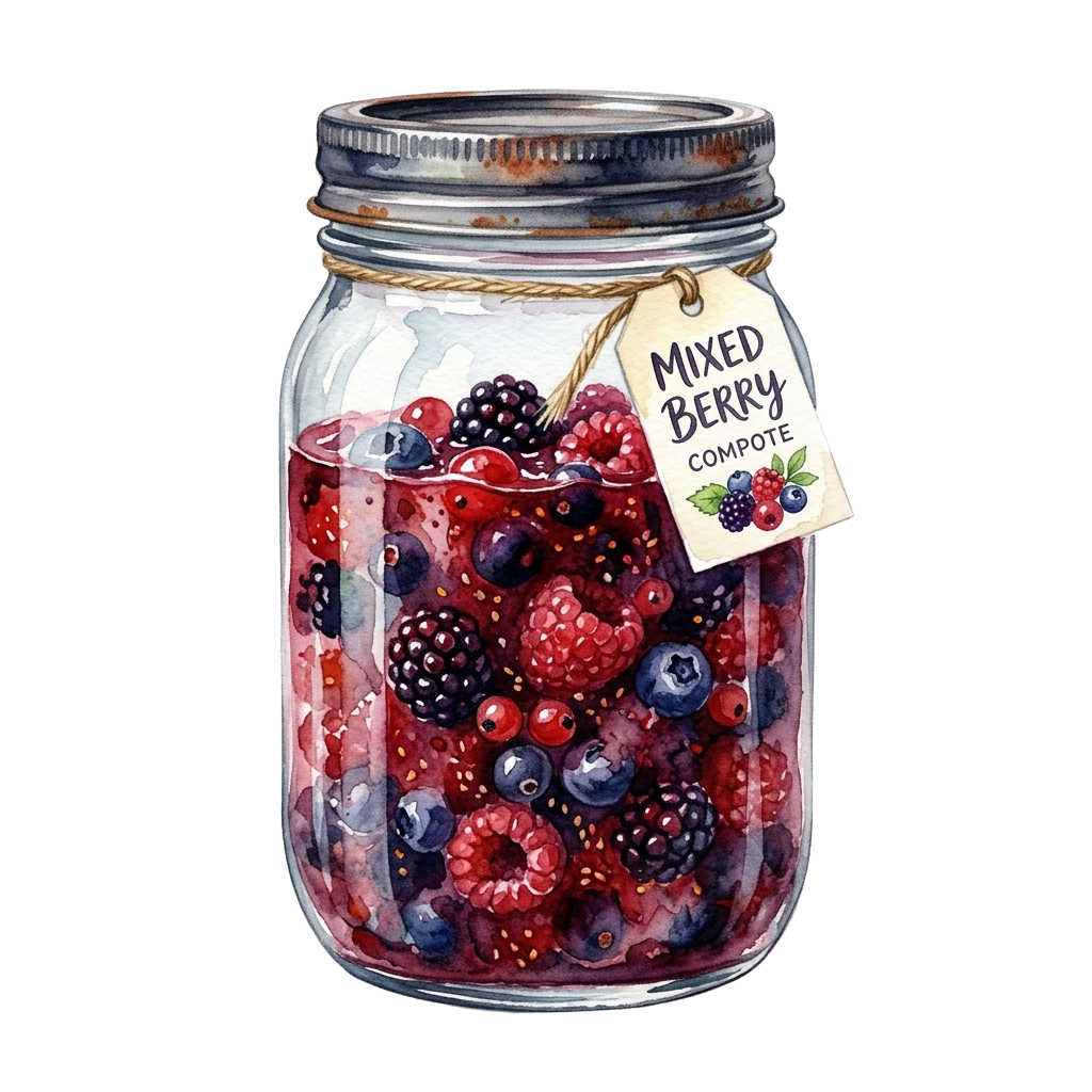 A clear glass jar filled with mixed berry compote, featuring raspberries, blueberries, and blackberries, topped with a metal lid and a tag.