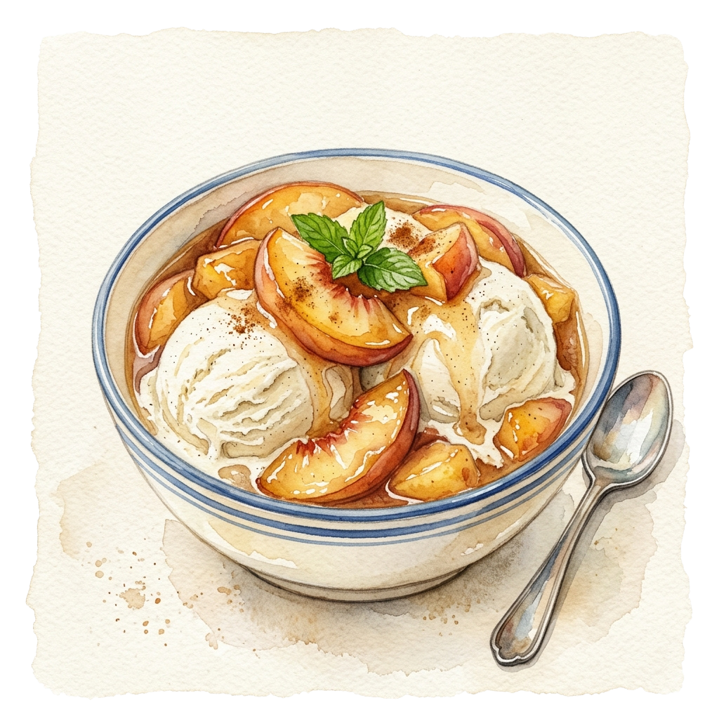 Bowl of creamy ice cream topped with sliced peaches and garnished with mint leaves, placed next to a spoon