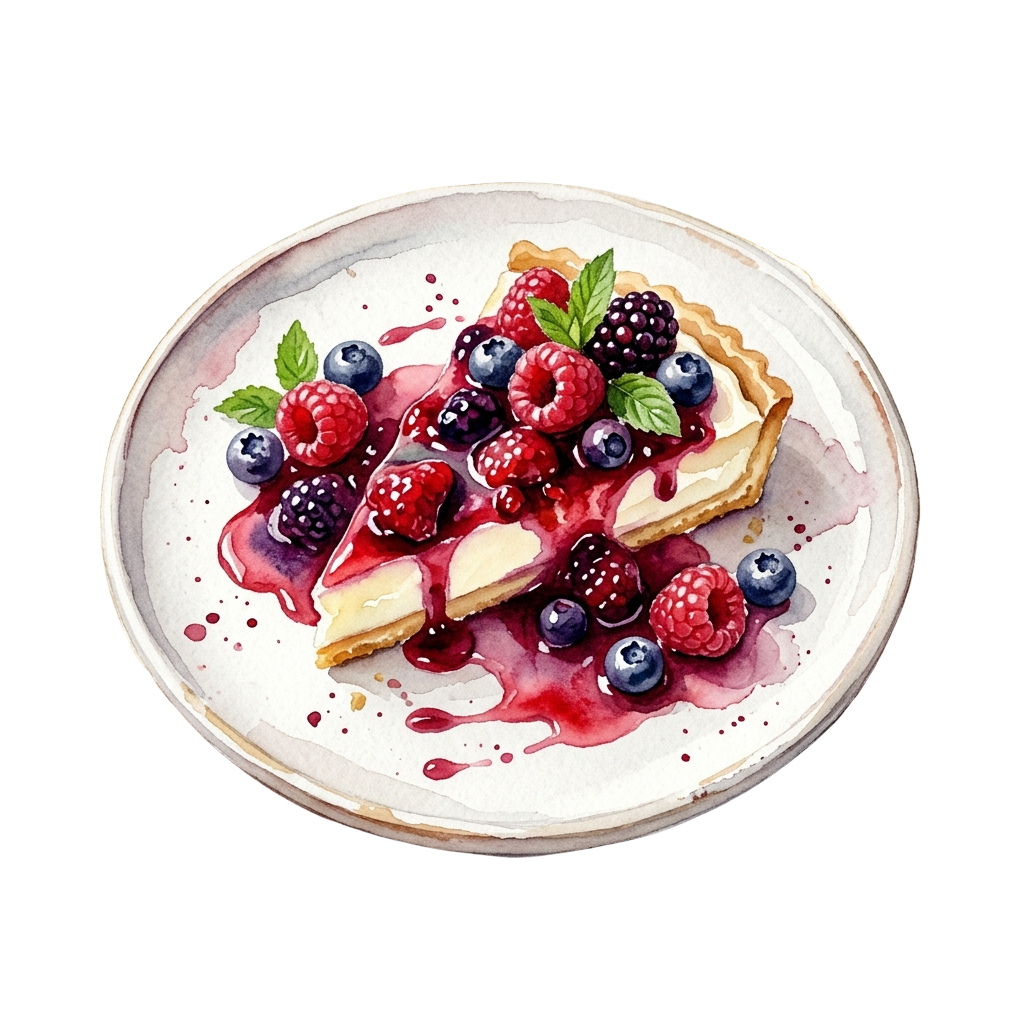 A watercolor-style image of a sliced tart topped with raspberries, blackberries, and blueberries in a red syrup drizzle