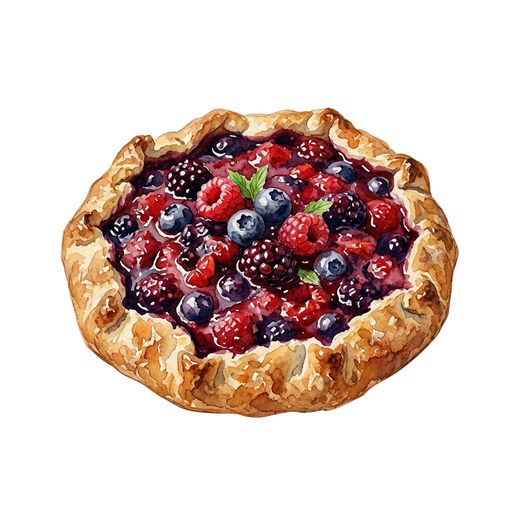 A mixed berry tart with a golden flaky crust topped with raspberries, blueberries, and blackberries