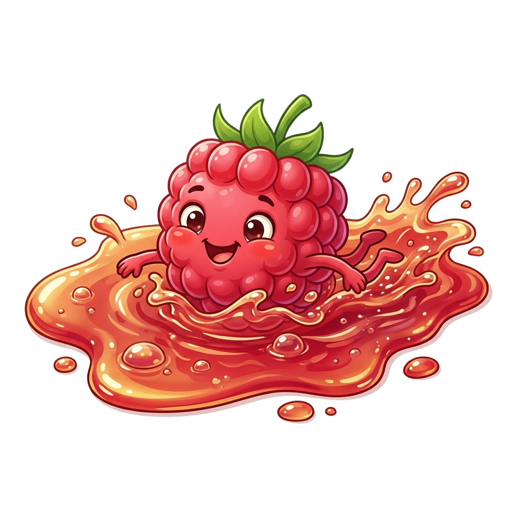 A smiling raspberry character surrounded by a splash of red juice