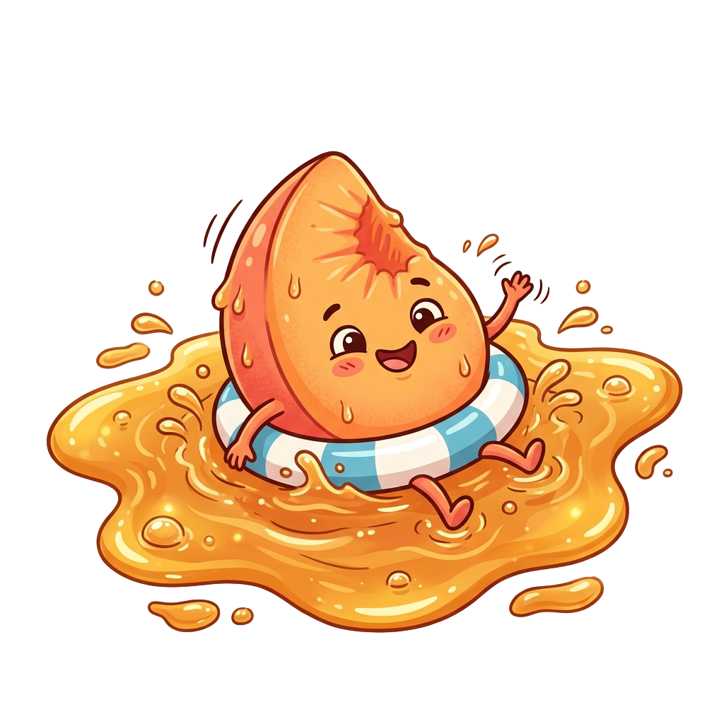 A cheerful caramel-colored candy character with arms and legs, wearing a striped swimsuit, splashing in golden syrup liquid.