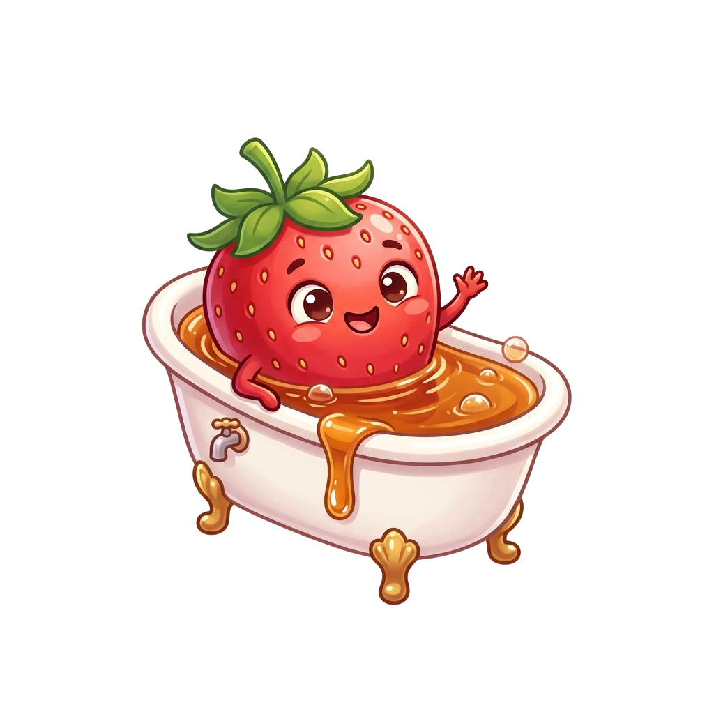 Animated strawberry with face and arms sitting in a tub of chocolate