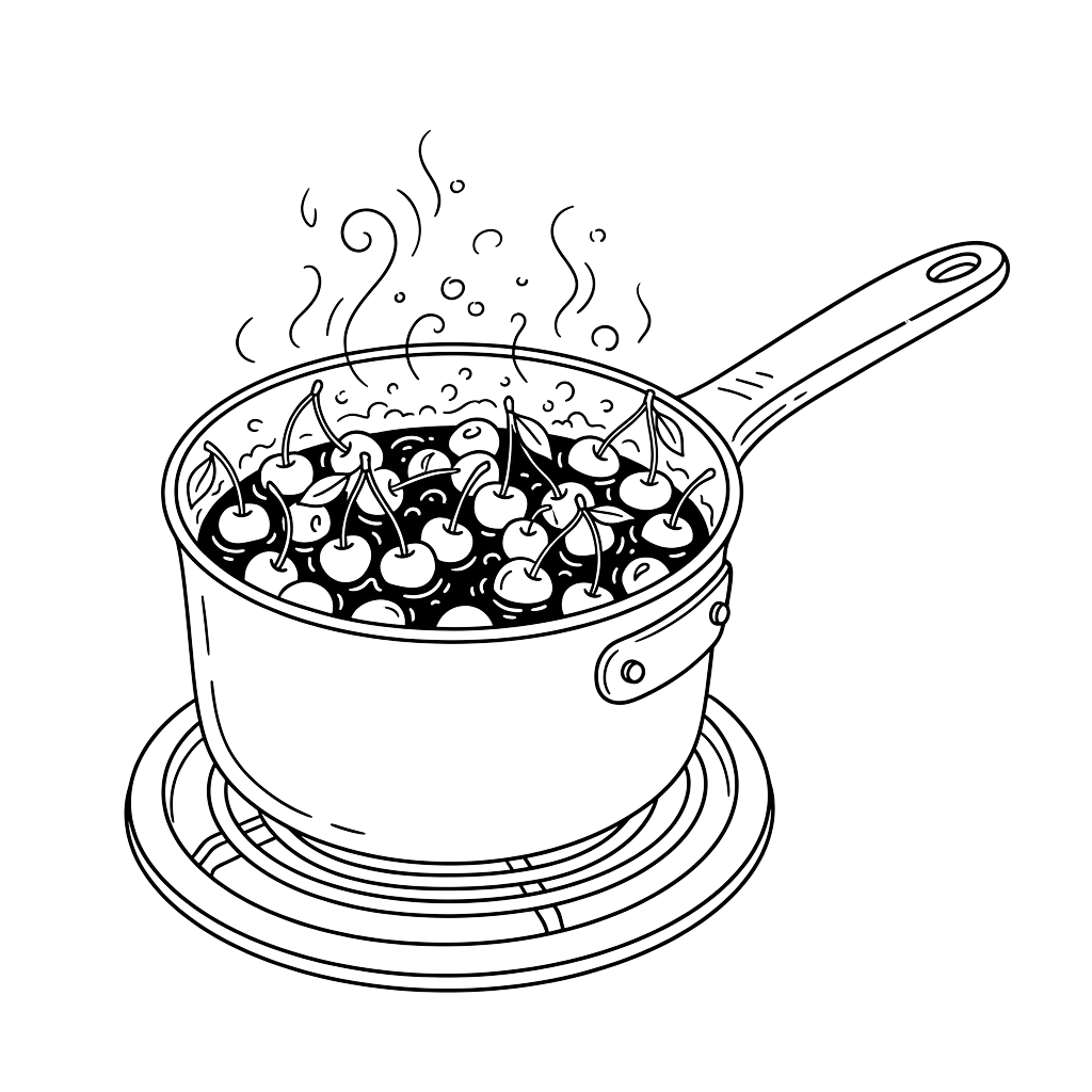Line drawing of a saucepan filled with bubbling sauce and rising steam on a stove