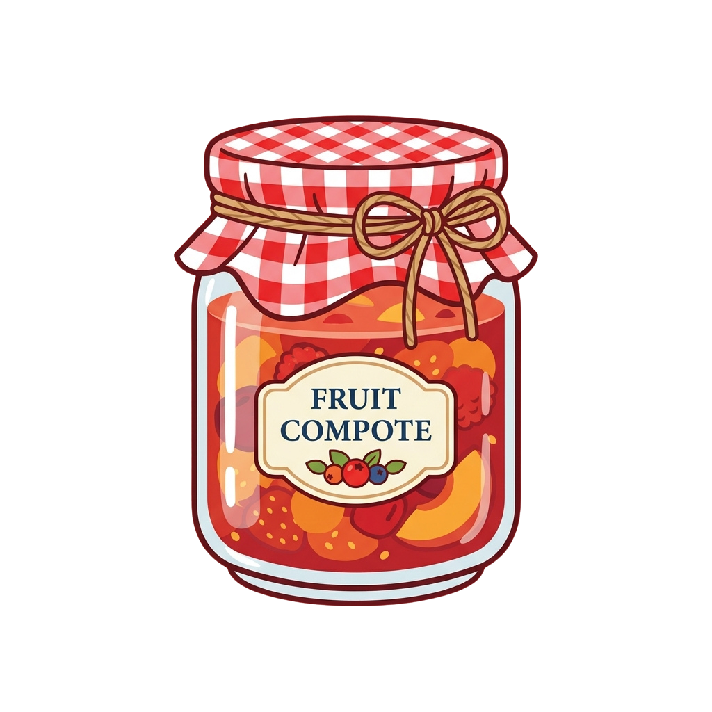 Illustration of a glass jar filled with fruit compote, featuring a red checkered lid and a bow tie closure