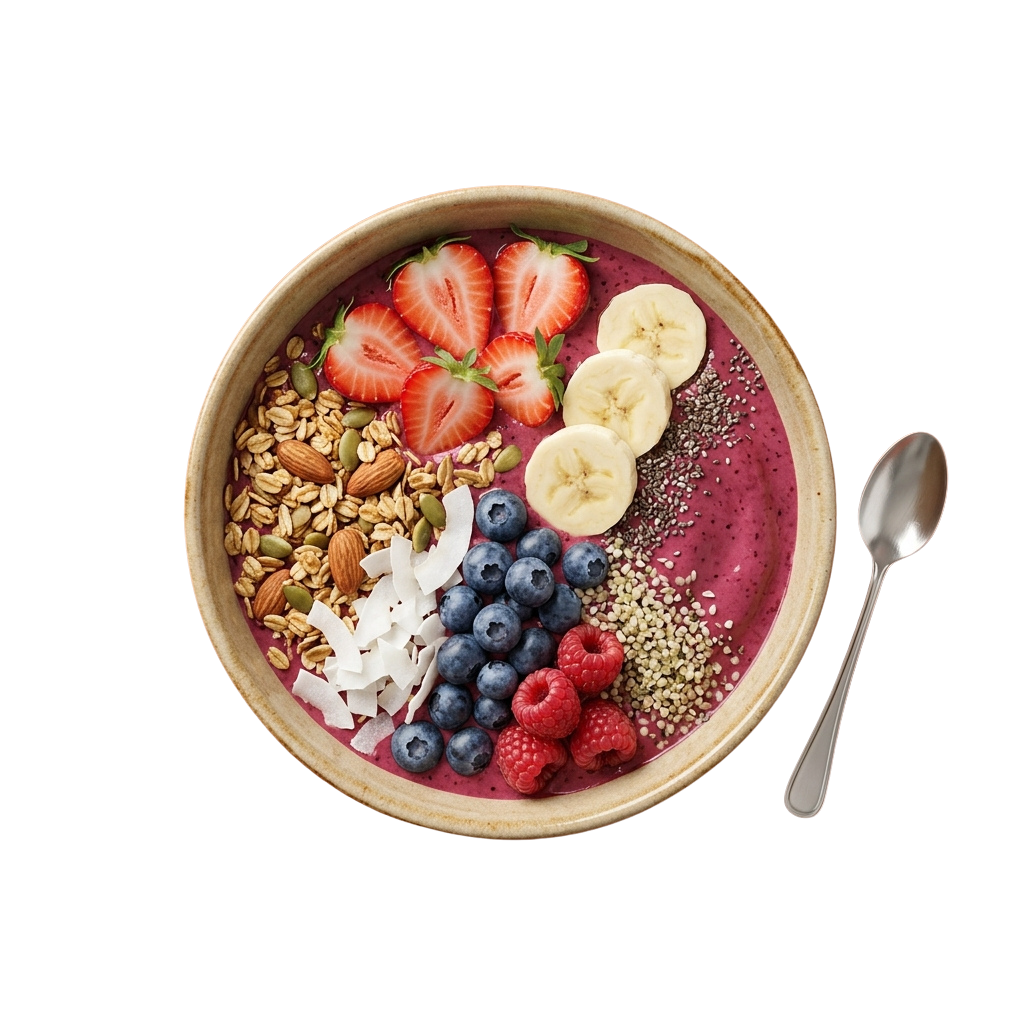 A smoothie bowl with berries, banana slices, nuts, seeds, and coconut flakes in a wooden bowl