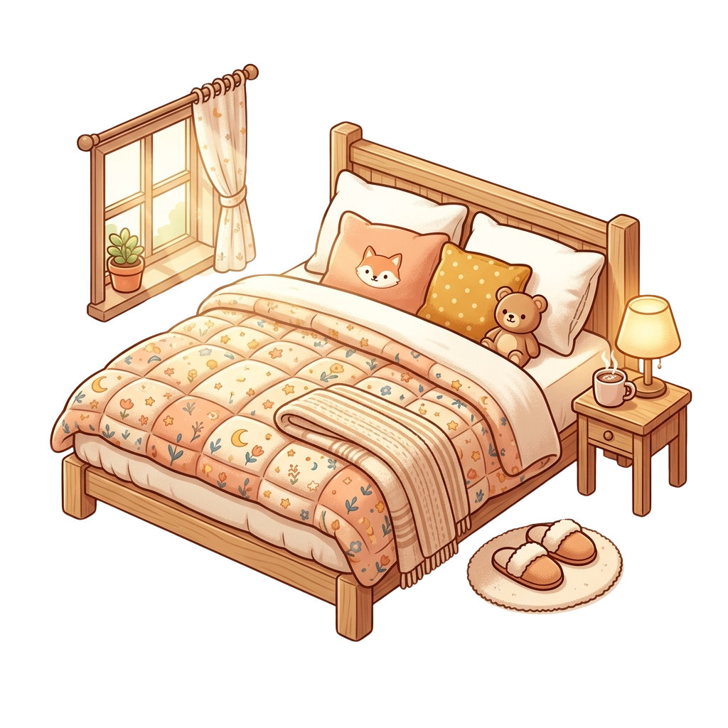 A neatly made bed with floral bedding, a fox pillow, a teddy bear, and a nightstand with a lamp and cup.