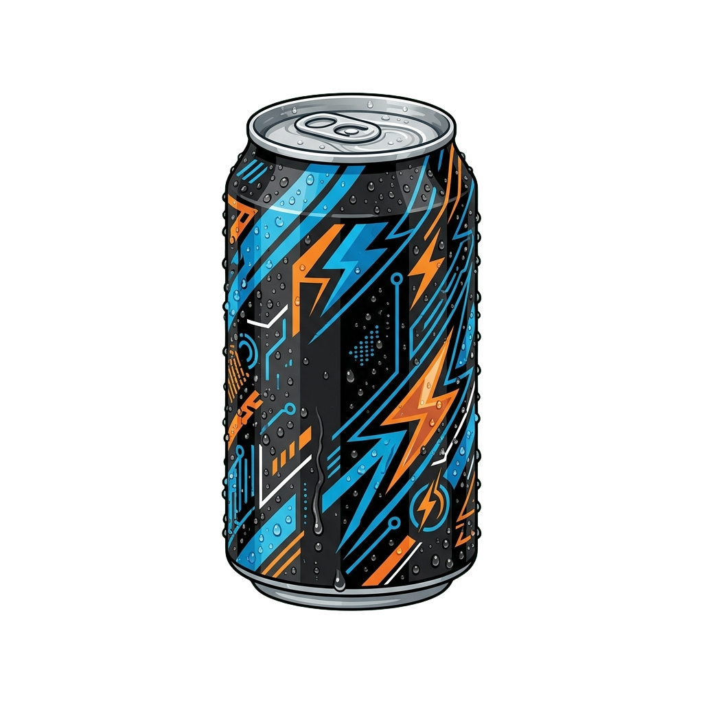 A can with a cyberpunk design featuring blue and orange lightning bolts and circuit patterns.