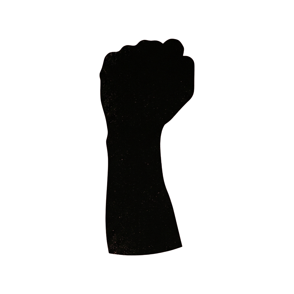 A black silhouette of a raised fist against a dark background
