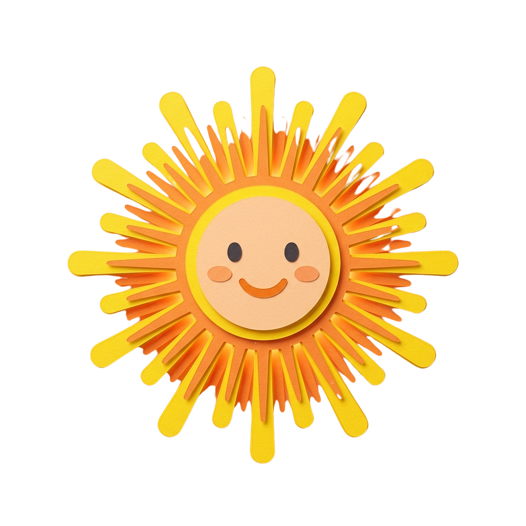 A smiling cartoon sun with a cheerful face and bright yellow rays radiating outward