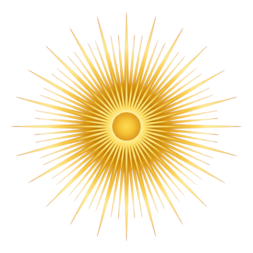 A bright golden sunburst pattern radiating from a central circle against a black background