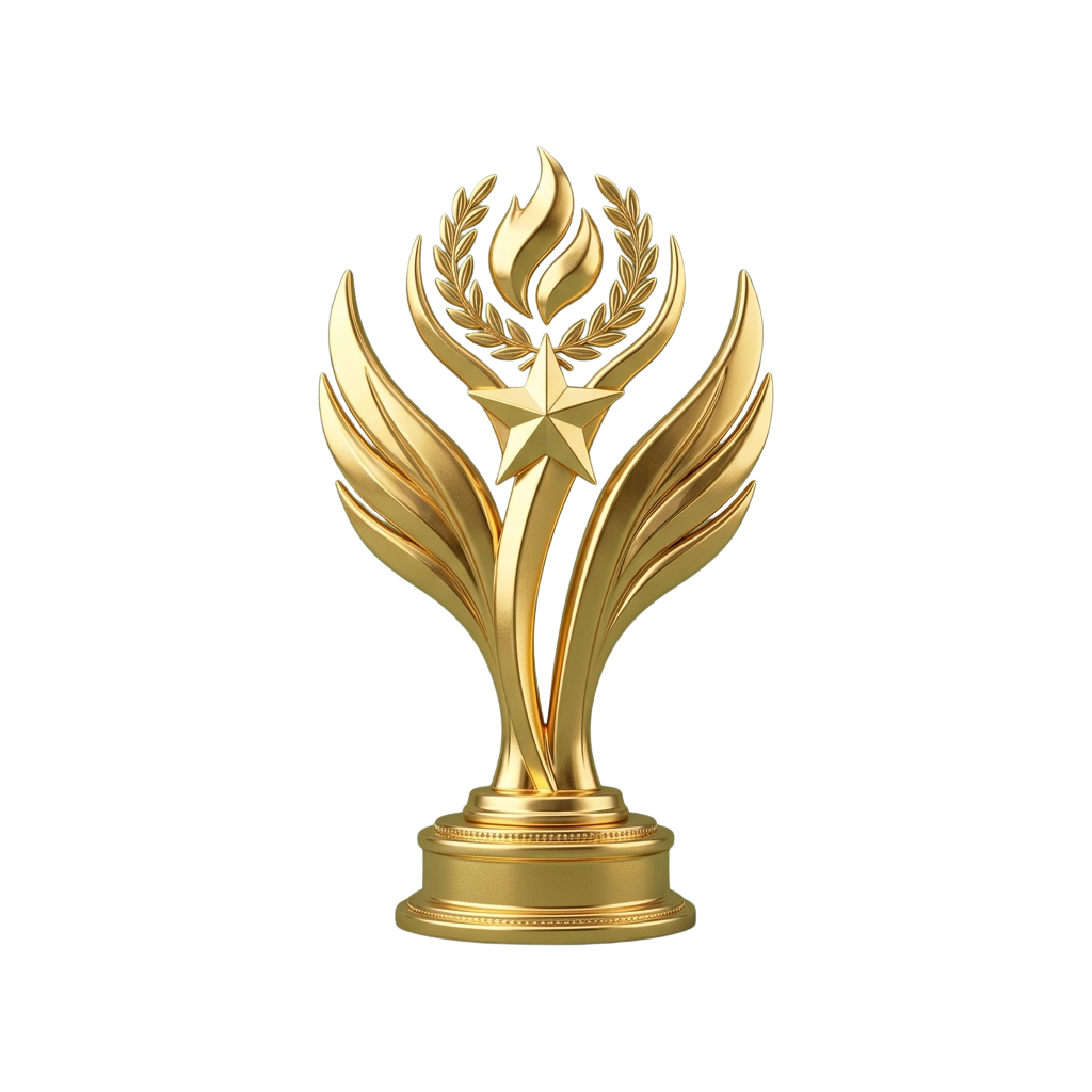 A shiny gold trophy featuring a star, flame, and laurel wreath on a round base