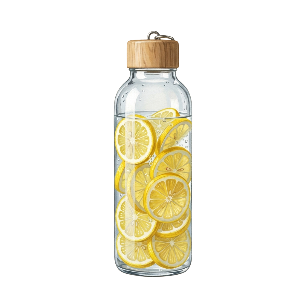 Clear glass water bottle filled with lemon slices and wooden top lid