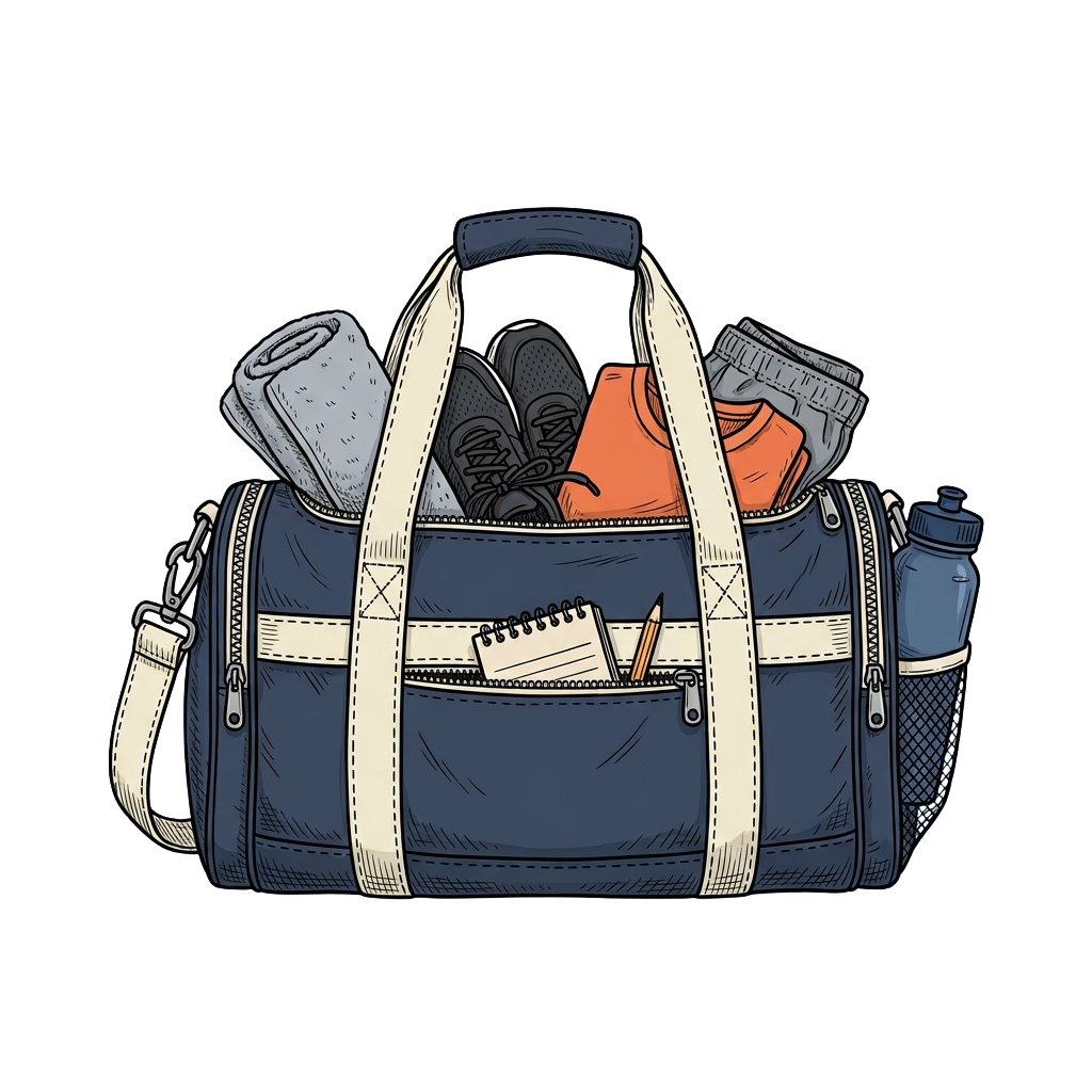 A navy blue duffel bag open to show running shoes, orange socks, a water bottle, towel, notebook, and pencil.