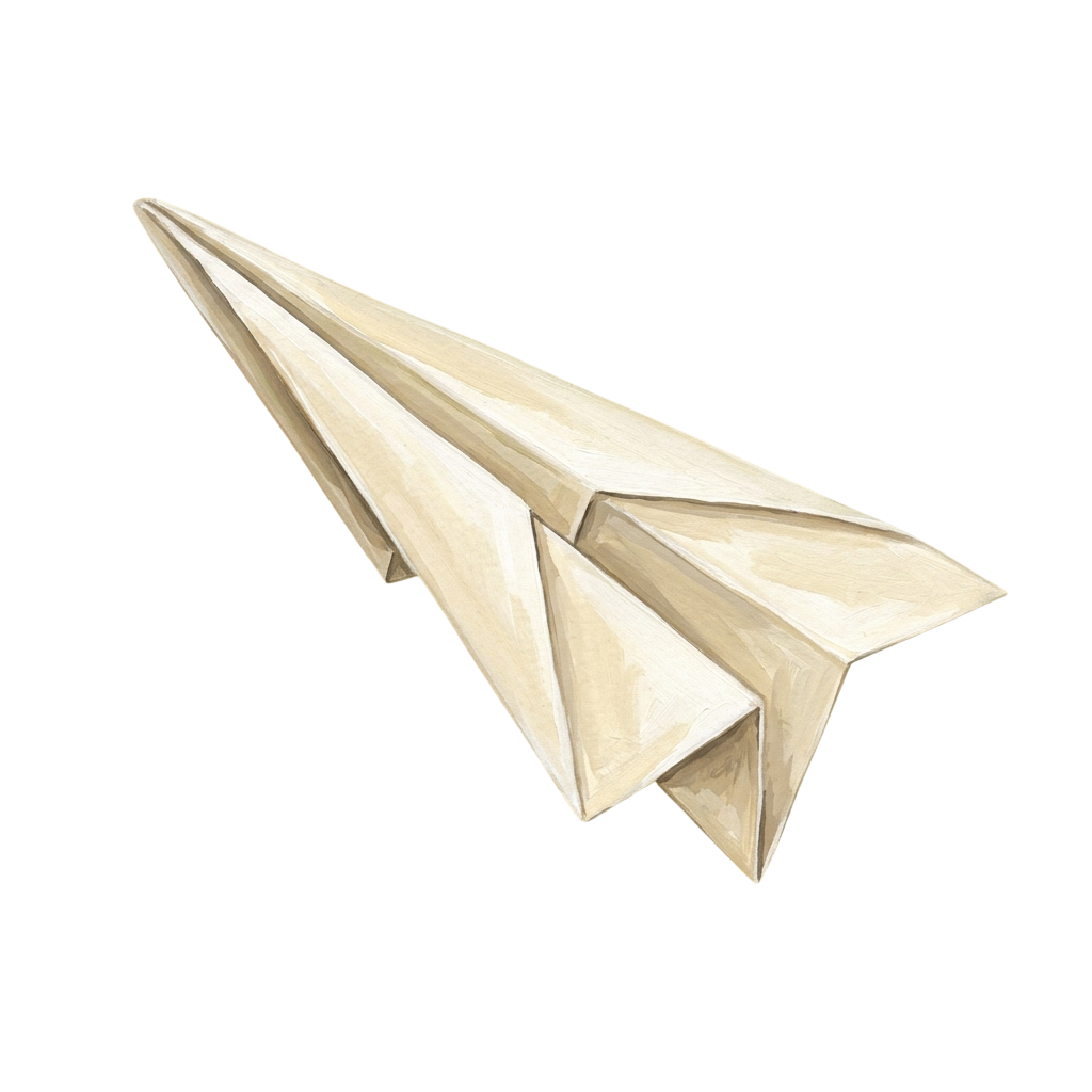 A simple origami paper airplane with a pointed nose and folded wings against a black background
