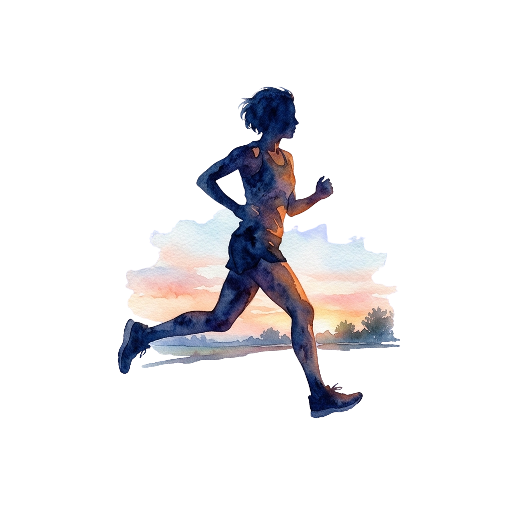 A runner in motion against a sunset over water with clouds in the background