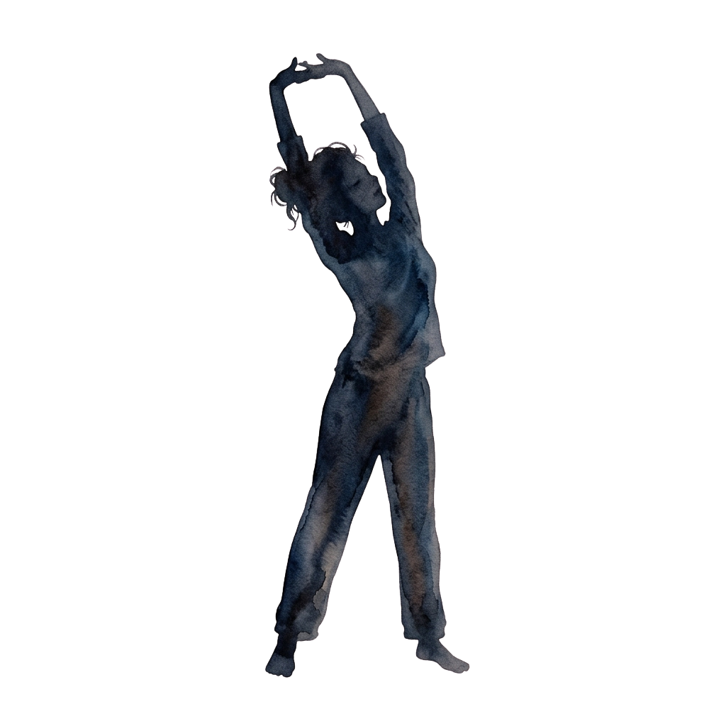 A dancer in a stretched arm pose against a dark background