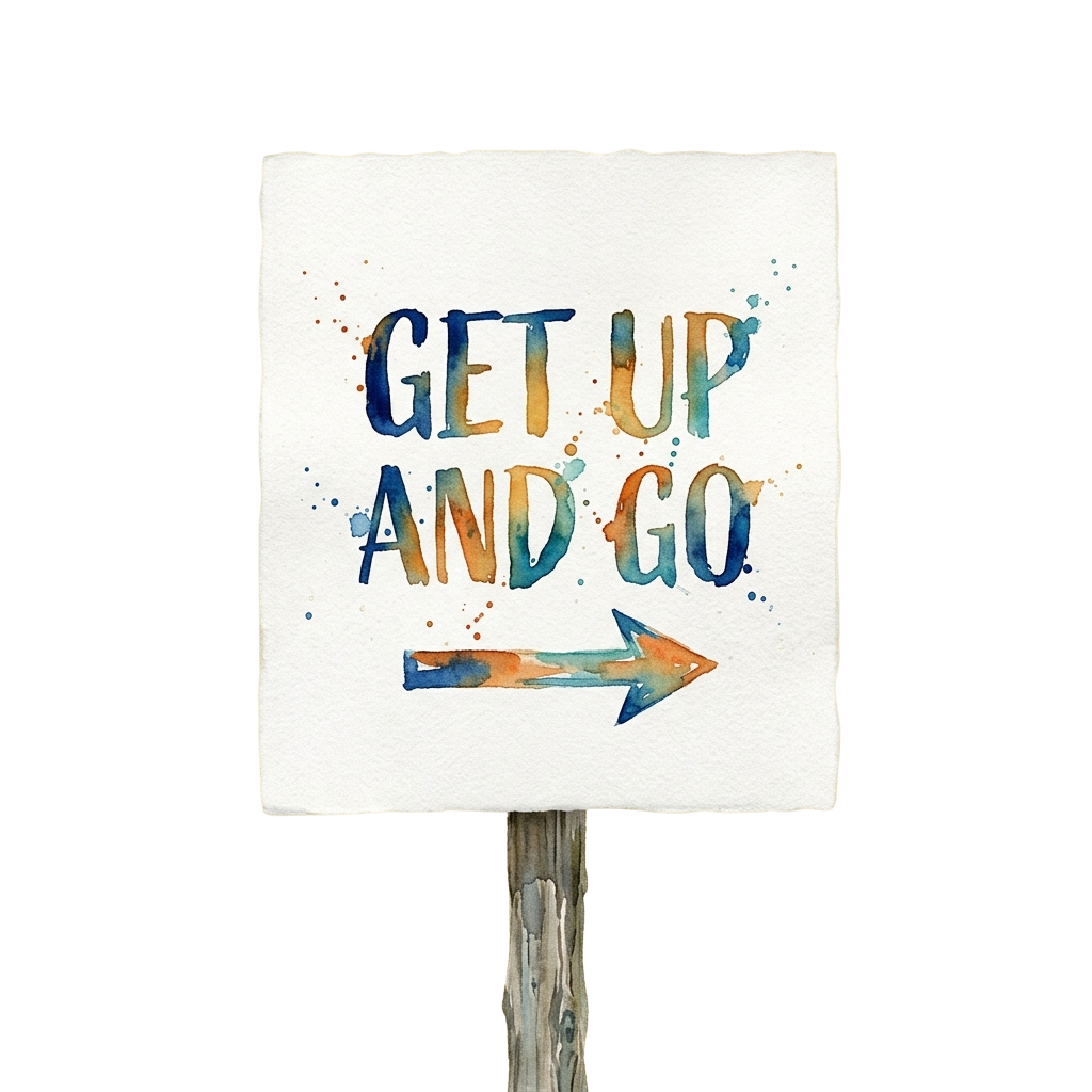 Watercolor sign with text Get Up and Go and an arrow pointing right