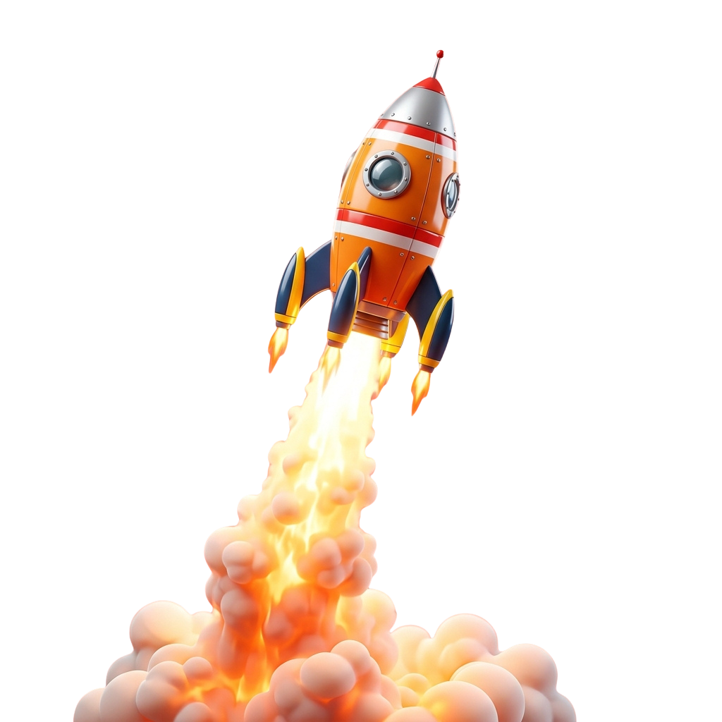 A colorful cartoon rocket launching with bright orange flames and smoke against a black background
