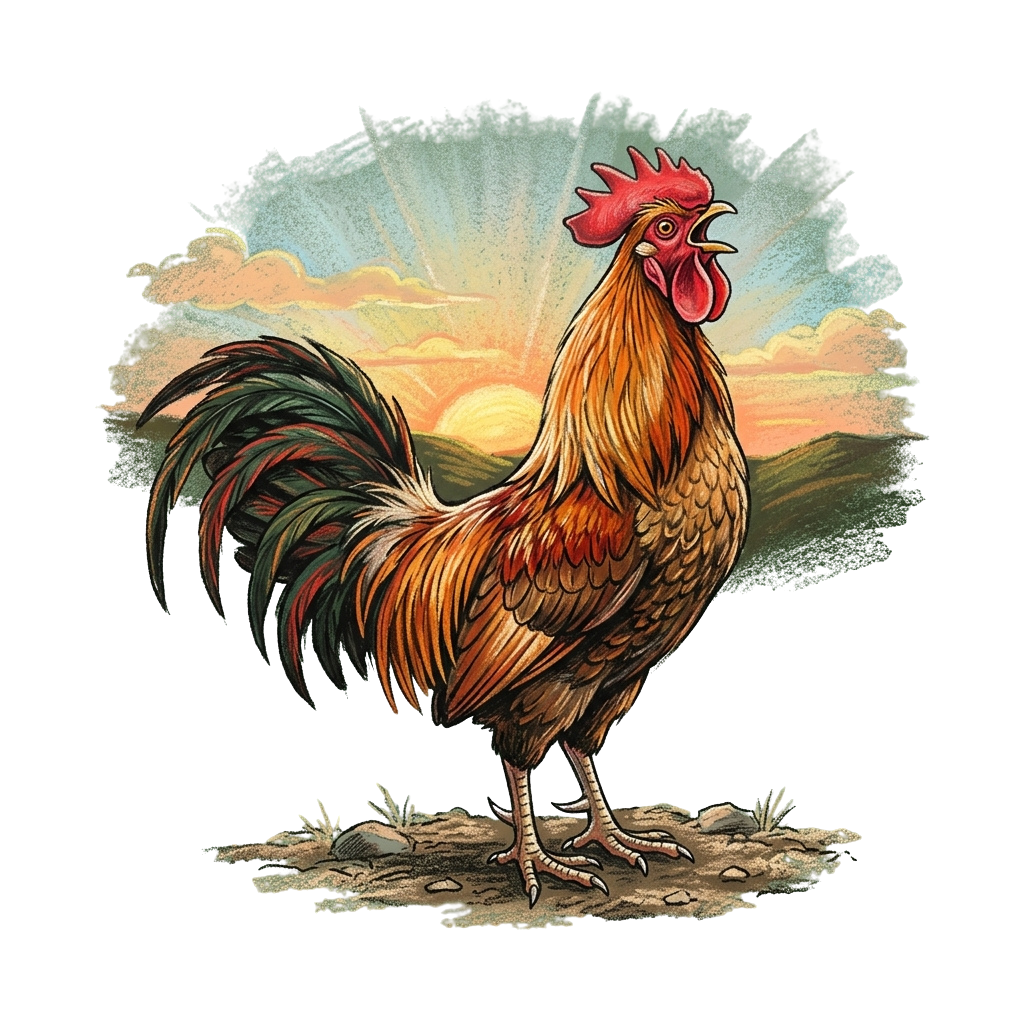 A rooster with colorful feathers standing on a ground at sunset with a scenic sky background