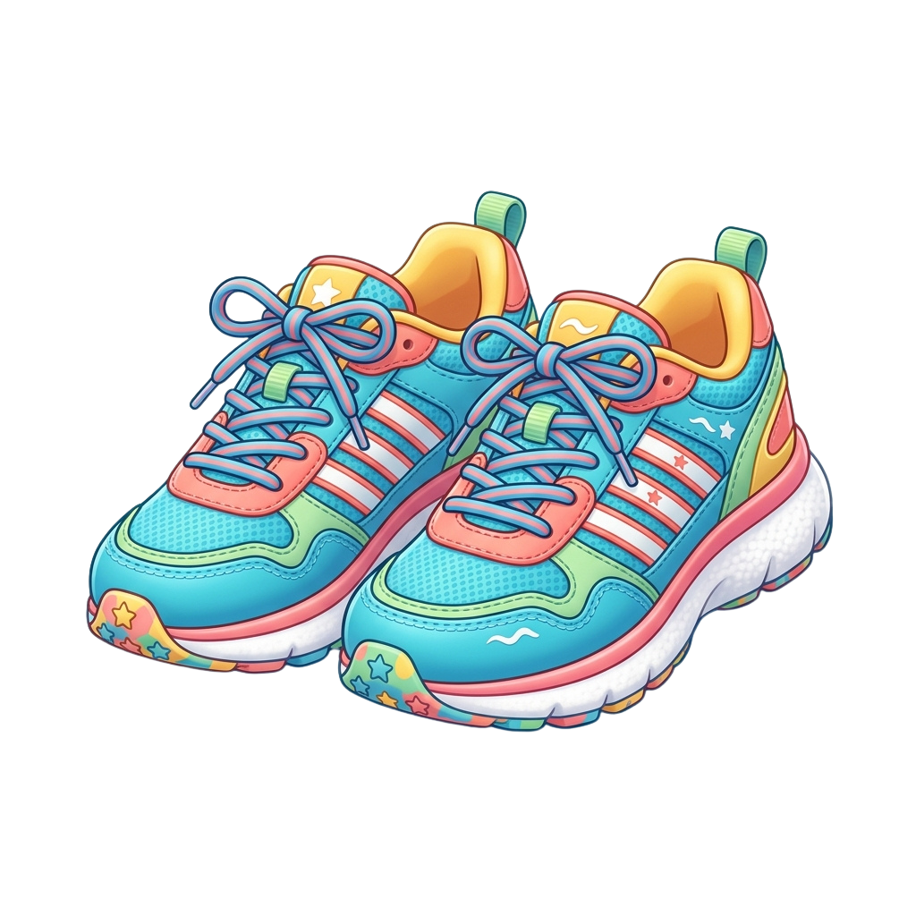 Pair of bright blue, pink, and green running shoes with star patterns and rainbow accents on laces and soles