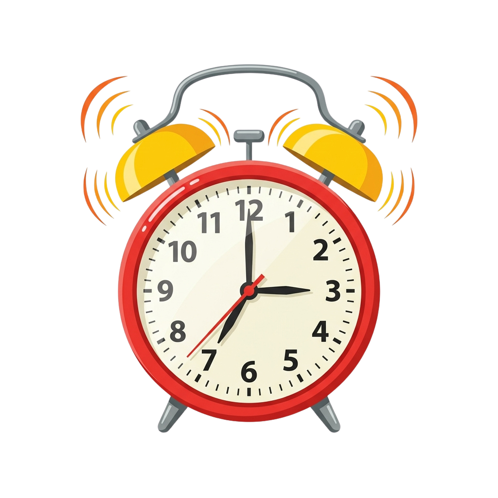 Illustration of a red alarm clock with yellow bells emitting sound waves, showing time at 7:07.