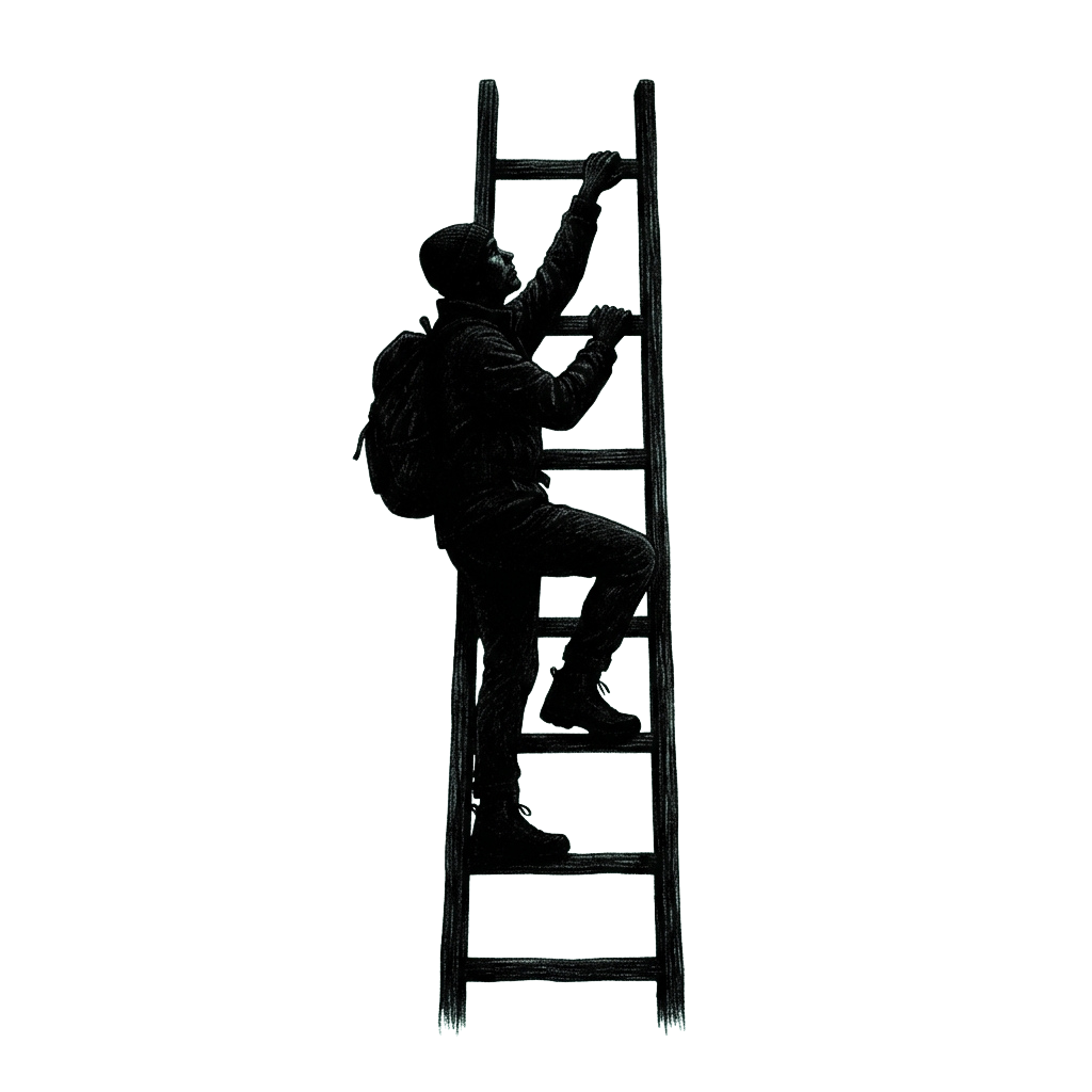 Silhouette of a person climbing a metal extension ladder against a dark background
