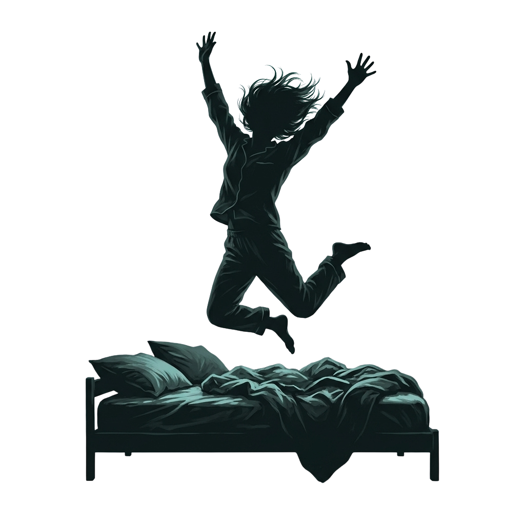 Silhouette of a person jumping off an unmade bed with arms raised in excitement.