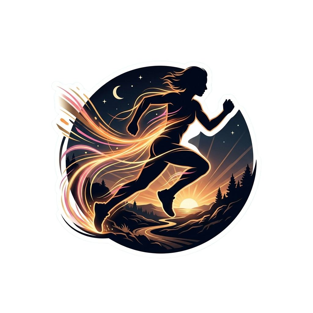 A stylized silhouette of a person running with glowing hair and a starry night background