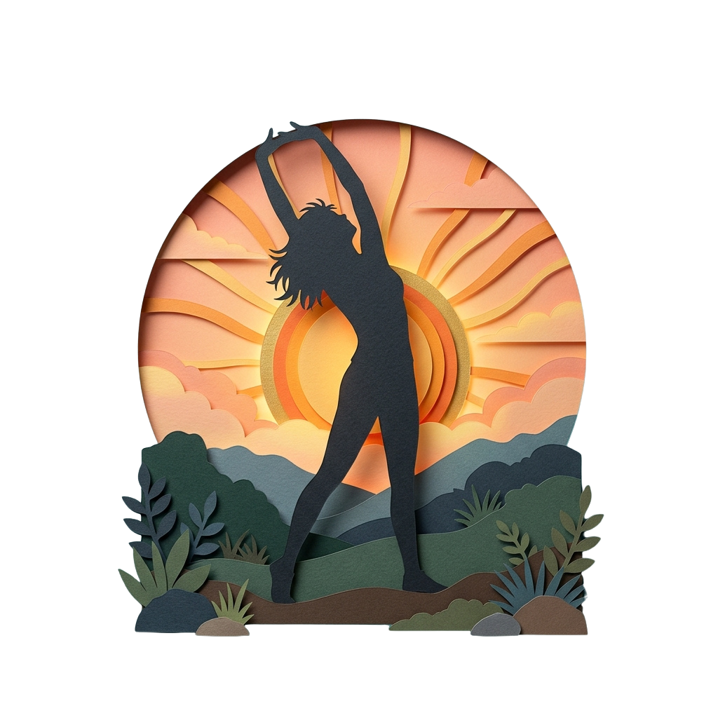 A silhouette of a woman dancing with arms raised against a sunset sky surrounded by greenery