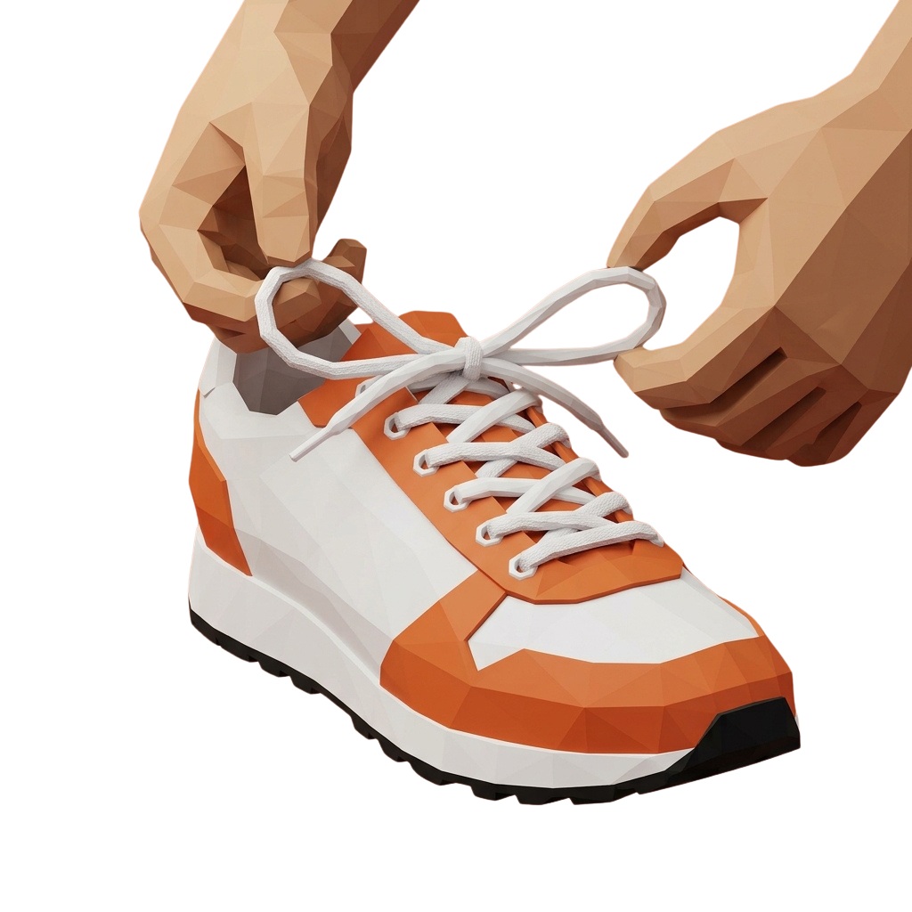 A hand tying the laces of an orange and white sneaker with white laces.