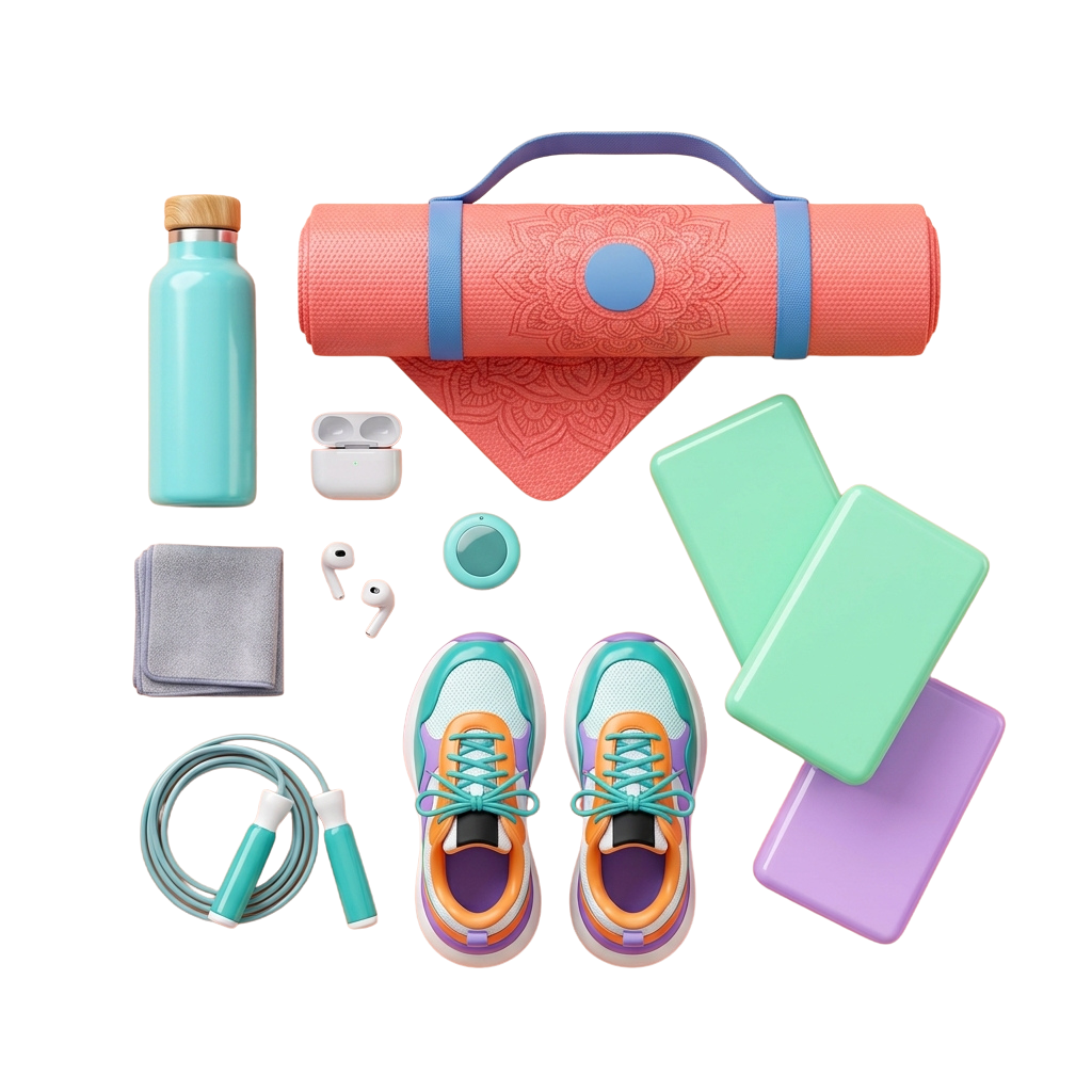 Assorted fitness gear including a yoga mat, water bottle, earbuds, foam roller, shoes, headphones, and accessories laid out on a black background
